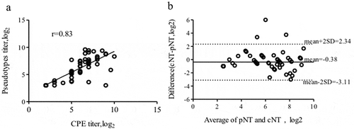 Figure 4. Correlation between the results of the CV-A10 pNT and cNT test. (a) Titres of anti-CV-A10 NtAb in human serum samples detected by the pNT and cNT analyzed by Spearman correlation (r = 0.83, P < .0001). (b) Titres of anti-CV-A10 NTAbs in human serum with the pNT and cNT compared by the Bland-Altman method.