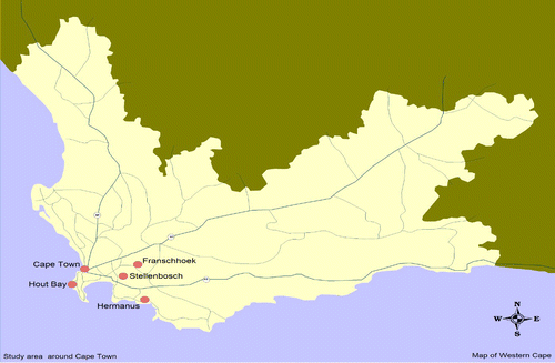Figure 1: Map of the Western Cape showing the study areas around Cape Town