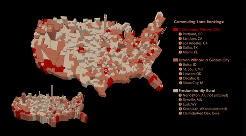 Figure 1. Patents per inventor by commuting zone, 2000–05.