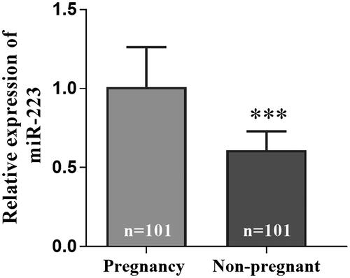Figure 2. MiR-223 expression decreased in the embryo culture medium of clinically non-pregnant patients. ***p < 0.001 vs. Pregnant group.