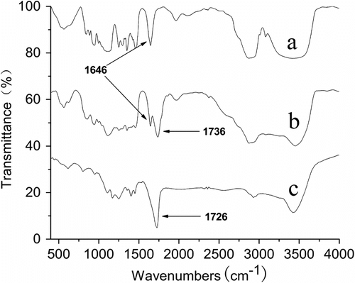 Figure 2 The FT-IR spectra of APEG (a), APEL (b), and AA–APEL–PA (c).