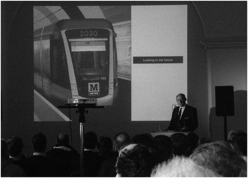 Figure 7. A partner event in the exhibition space: The Metro 2030 public presentation, one of 24 free events that occurred in the exhibition urban forum space that attracted a large audience to debate long-term expansion plans. Source: authors.