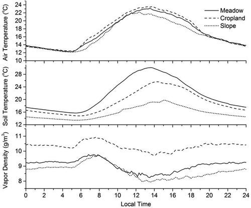 Figure 4. The diurnal variations in air temperature (top) and 2 cm soil temperature (middle) and water-vapor density (bottom) at the three observation sites, averaged from June 9 to July 9, 2013