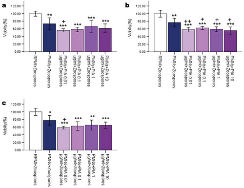 Figure 1. Cell viability results for strain 1 (a), strain 2 (b), and strain 3 (c). * indicates a comparison between control (RPMI+zoospores) and other groups; + indicates a comparison between unstimulated PMNs and PIA-stimulated PMNs. *p < .05, **p < .01, ***p < .001, +p < .05, ++p < .01.