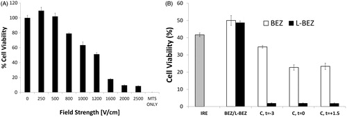 Figure 3. Effect of Electroporation and L-BEZ on Cells. (A) Cell viability after electroporation at different field strengths. More cells were viable after electroporation at 250 V/cm than with no electroporation. (B) Cell viability after treatment with IRE in combination with L-BEZ at various intervals. Combination therapy (abbreviated as C) is BEZ or L-BEZ following IRE treatment at 1600 V/cm, 100 ms, and 99 pulses to the cell. The time interval between IRE and BEZ or L-BEZ treatment is indicated (t = −3, 0, and +1.5 min, respectively).