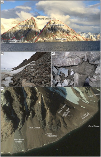 Figure 7. (A) General view of truncated spurs and talus fans at the western flank of the southern sector, (B and C) boulder and sand-size clasts in taluvium, (D) Oblique view of the talus cones, protalus ramparts, rock ploughing, solifluction sheets and rock slide tongue (see Main Map for location of protalus rampart).