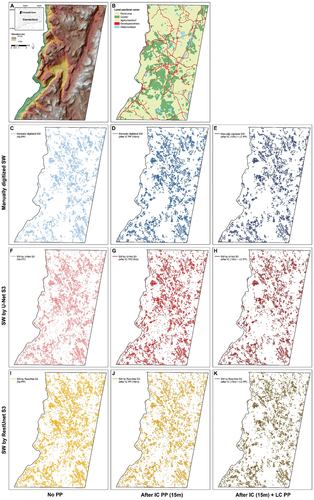 Figure 14. Stone wall mapping result in Cornwall town, CT (A: elevation map; B: 30m resolution land use/land cover map of 2015 (data source: (Center for Land Use Education & Research CT CLEAR. Citation2016)); C: Manually digitized SW result without post-processing (no PP); D: Manually digitized SW result after impervious cover post-processing (IC PP); E: Manually digitized SW result after impervious cover land cover post-processing (IC LC PP); F: U-Net S3 prediction result without post-processing (no PP); G: U-Net S3 prediction result after impervious cover post-processing (IC PP); H: U-Net S3 prediction result after impervious cover land cover post-processing (IC LC PP); I: ResUnet S3 prediction result without post-processing (no PP); J: ResUnet S3 prediction result after IC PP; K: ResUnet S3 prediction result after IC LC PP).
