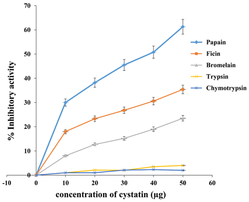 Figure 3. Inhibitory activity of almond cystatin for different proteases.