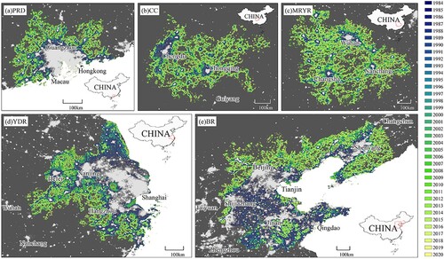 Figure 8. Spatiotemporal variation in nighttime light area in the five major urban agglomerations of China, 1984–2020.