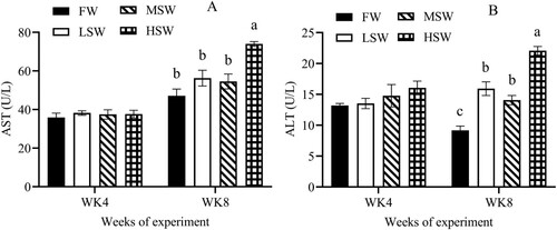 Figure 3. The effect of SW in drinking water on plasma levels of AST (A) and ALT (B) at the 4th and 8th weeks of experiment. FW: fresh water; LSW: low SW (0.5%); MSW: medium SW (1.0%); HSW: high SW (1.5%); WK: week. a, b – Different small letters differ significantly (P ≤ 0.05).