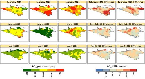 Figure 7. Spatial distribution of SO2 column density during February – April from 2019- 2021 and difference maps with 2019.