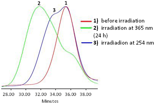 Figure 8. SEC data of APE-PIB-APE-1 recorded by RI detector; before irradiation (1), after irradiation at 365 nm for 24 h (2), followed by irradiation at 254 nm for 6 h (3).