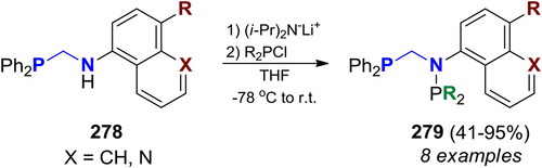 Scheme 159. Reactions of N-naphthyl or N-quinolin P,NH-acetals with R2PCl. Products, yields, 31P NMR shifts, and related references, are listed in Table S43.