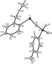 Figure 2 Selected bond distances and angles for (5): C(8)–I(1) 2.13, O(3)–I(1) 2.65 Å; N(1)–I(1)–C(8) 98.48°. Data averaged from two independent molecules.