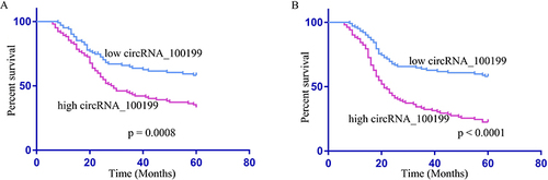 Figure 2 Correlation between serum circRNA_100199 expression and clinical characteristics. (A) The AML patients in the high serum circRNA_100199 group had worse OS than those in the low serum circRNA_100199 group. (B) The AML patients in the high serum circRNA_100199 group had worse RFS than those in the low serum circRNA_100199 group.