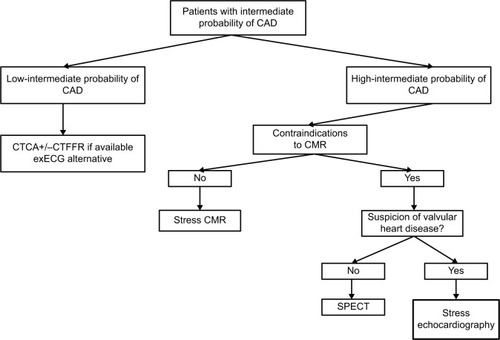 Figure 2 Proposed investigation algorithm for patients with suspected angina and intermediate probability of CAD in an “ideal” hospital with all modalities available.