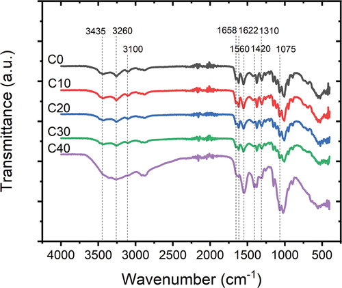 Figure 2. Fourier-transform infrared (FTIR) spectra of ChNFs deacetylated with various NaOH concentrations.