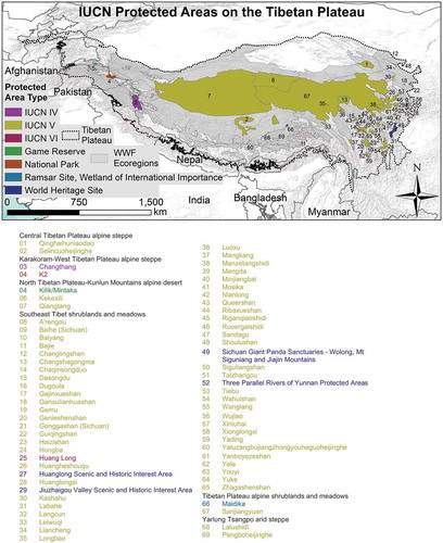 Figure 2. Sixty-nine terrestrial protected areas on the Tibetan Plateau.