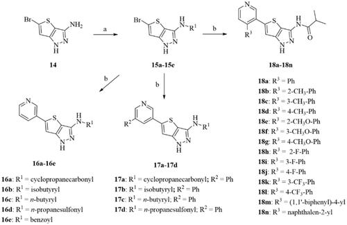 Scheme 1. Synthesis of thieno[3,2-c]pyrazol-3-amine derivatives 16a–16e, 17a–17d and 18a–18n. Reagents and conditions: (a) various acyl chlorides or propane-1-sulphonyl chloride, pyridine, 110 °C; (b) substituted arylboronic acids or arylboronic acid esters, Pd(dppf)Cl2, CH3CO2K, DMF/EtOH/H2O or DMF/1,4-dioxane/H2O, 100 °C.