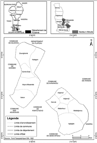 Figure 1. Map of South-East Bénin presenting the communes of Adjarra and Akpro-Missérété.