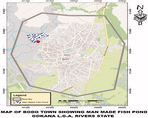 Figure 2. Map of Bodo Town showing man-made fish pond, Gokana LGA Rivers State. Notes: Total number of ponds = 4, average area of each impacted pond = 81m2, compensation rate for ponds (as provided by the OPTS subcommittee on land acquisition) = N40/m2, estimated annual gross income per pond from market evidence = ₦768, 000, and duration of impact/period of recovery (available from scientific report) = 12 years. Conversion rate is ₦385/$1US as of January 7, 2021.Source. URP GIS Laboratory, Rivers State University, Port Harcourt, 2021.