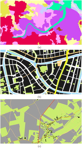 Figure 14. Testing data based on the SSC model, shown at the highest level of detail. (a) Land cover dataset (source: CORINE Land Cover dataset, Middlesbrough, UK). (b) City centre dataset (source: TOP10NL, Leiden city centre, NL). (c) Rural region dataset (source: TOP10NL, near Maastricht, NL).