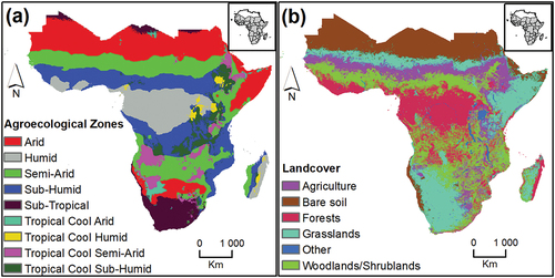 Figure 1. Agroecological zones (a) and land cover types (b) of SSA.