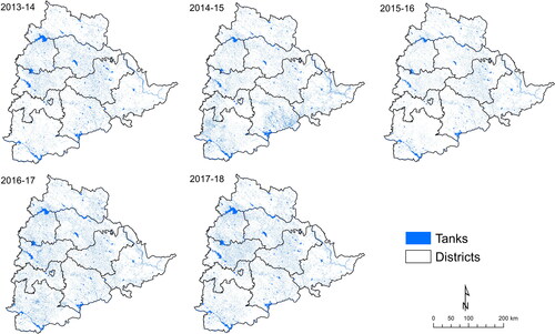 Figure 4. Spatial and temporal distribution of water bodies in Telangana from 2013 to 2018.