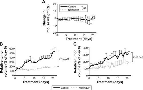 Figure 4 Nelfinavir suppresses cervical tumor growth in vivo.