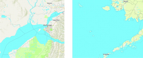 Fig. 6 The Cook Inlet is a body of water stretching up from the Gulf of Alaska; its Knik Arm and Turnagain Arm surround the densest part of Anchorage, separating it from rural precincts to the north and south. Following precinct adjacencies provided by the state would allow districts to jump across the water, while a more restrictive notion of adjacency would not. On the right, we see that the precinct shapefile gives no guidance on how the islands are allowed to be connected to the mainland by districts.