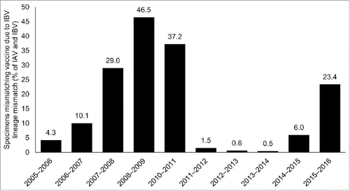 Figure 4. Percentages of all positive specimens (IAV and IBV) estimated* to mismatch the vaccine due to IBV lineage mismatch during 2005–2016 (excluding the pandemic season [2009–2010]). *Based on a subset of IBV samples in which lineage was determined. IAV, influenza A; IBV, influenza B virus.