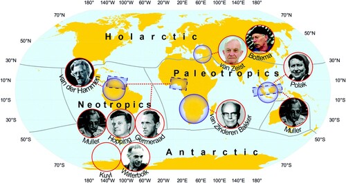 Figure 3. Map showing the study areas of B. Polak (1901‒1980), F. Jonker (1917‒1990), E.M. Van Zinderen Bakker (1907‒2002), J. Muller (1921‒1983), T. Van der Hammen (1924‒2010), W. Van Zeist (1924‒2016) and S. Bottema (1937‒2005) plotted on a map showing the Palaeotropical and Neotropical realms. The areas of interest for oil exploration (dotted areas) were explored by J. Muller (1921‒1983), C.A. Hopping (1923‒unknown), J.H. Germeraad (1920‒2001), O.S. Kuyl (1917‒unknown) and H.T. Waterbolk (1924‒2020).