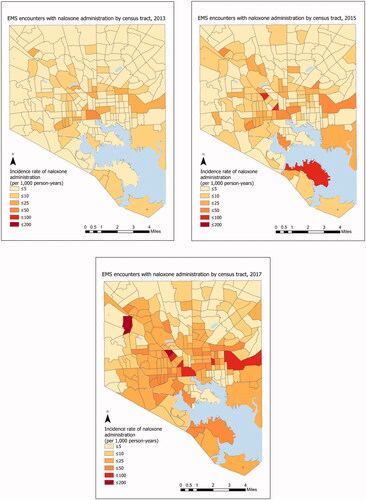 Figure 3. The incidence rate of EMS encounters with naloxone administration in Baltimore City by census tract, 2013, 2015 and 2017. EMS encounters among 15 years of age or older. Year-specific population estimates from Census tract [Citation20].