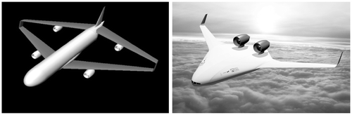 Figure 1. Pictorial renderings of a boxed-wing configuration (left) and the blended-wing-body concept (right).