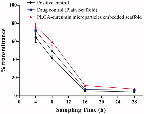 Figure 7. Antibacterial activity of PLGA–curcumin microparticle-embedded chitosan scaffold by modified broth dilution method. Values are expressed as SEM of three trials.