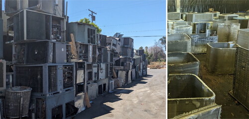 Fig. 4. Recycling center with complete units (left) and standalone coils (right) that valves were sourced from.