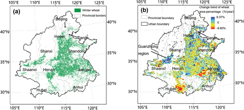 Figure 7. (a) Produced 30 m winter wheat map in 2022; (b) change trend of winter wheat from 2013 to 2022 at 5-km grid. The urban boundary is accessed from He et al. (Citation2019).