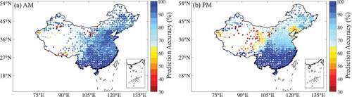 Figure 4. Spatial distributions of the FT prediction accuracy (%) for the (a) AM and (b) PM overpasses in 2011.