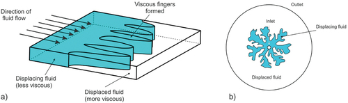 Figure 2. Viscous fingering in Hele-Shaw cell with a planar channel geometry (a) and radial geometry (b).