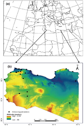 Figure 1. (a) Geographical domain used for the simulation of Saharan dust wet deposition by precipitation, the model domain has a horizontal Arakawa E grid, ranges from 24.2° W to 51.8° E and between 12.9° to 53.4° N, (b) employed weather stations are marked by black dots.