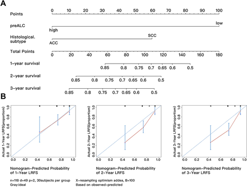 Figure 4 Nomogram and correction curve. (A) Nomogram for predicting based on preALC. (B) LRFS calibration curves used to predict 1, 2, and 3 years in NSCLC patients after ablation.