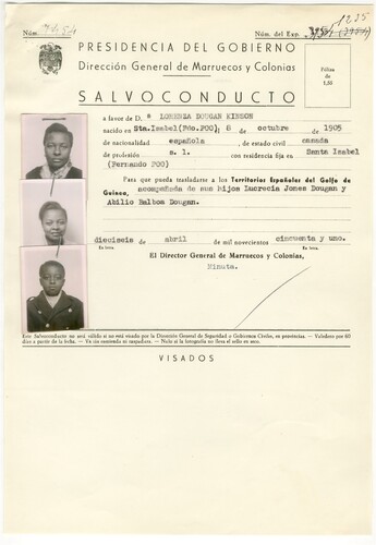 Figure 1. Safe-conduct to travel between Fernando Poo and the Iberian Peninsula, 1951. Archivo General de la Administración (AGA), box 81/08349.