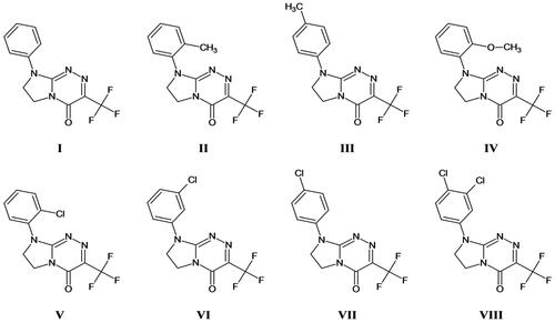 Figure 1. Structures of the studied molecules (I–VIII). Compounds are ordered in relation to the presence of different substituent attached at N8 of the privileged scaffold as follows: a parent structure, i.e. the phenyl derivative (I), ortho-methylphenyl derivative (II), para-methylphenyl derivative (III), ortho-methoxyphenyl derivative (IV), ortho-chlorophenyl derivative (V), meta-chlorophenyl derivative (VI), para-chlorophenyl derivative (VII), 3,4-dichlorophenyl derivative (VIII). All the investigated molecules (I–VIII) possess the common privileged 7,8-dihydroimidazo[2,1-c][1,2,4]triazin-4(6H)-one template and the trifluoromethyl group (showing strong electron-withdrawing effect) at C3.