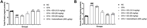 Figure 6 Effect of Edaravone on the serum nitrate and total protein parameter of CFA induced arthritis rats. (A): total protein and (B): serum nitrate. The data are expressed as the mean ± standard error means (SEM) (n, 10). Dunnett’s test was used for comparisons the data. Where *P<0.05; **P<0.01 and ***P<0.001 was considered as significant; more significant and extreme significant vs CFA control. ###P<0.001 consider as significant and compared with the normal control.