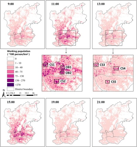 Figure 8. Dynamic spatial distributions of working population in the study area. ‘OB’ refers to official building, and regions OB1and OB2 are the office buildings around Tianhe Sports Center and Zhujiang New Town; ‘CS’ refers to commercial services, and regions CS1to CS5 correspond to Clothing market and trade city, International textile city, Clothing market, Mopark department store and Tianyu plaza, and International textile city.
