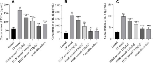 Figure 8 The effect of FFZJF aerosol on the rat’s serum levels of TNF-α, IL1β, and IL6 (Mean ± SEM, n = 8). (A) TNF-α; (B) IL1; (C) IL6.