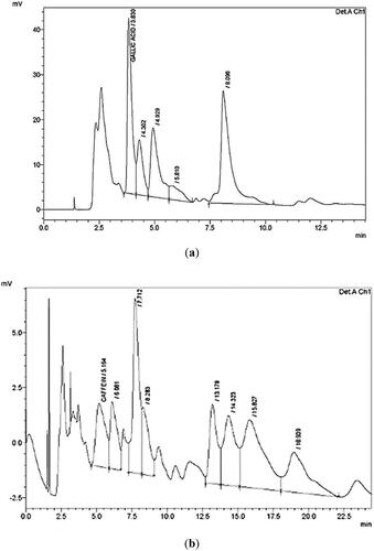 Figure 1. HPLC chromatogram of phenolic and flavonoids compounds standards at 280 nm of (a) Rumex nervosus; (b) cinnamon.