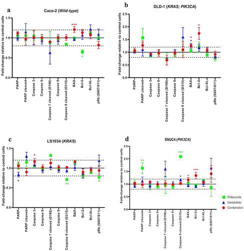 Figure 4. RPPA analysis displaying the levels of protein expression or phosphorylation of PI3K signaling pathway proteins in (A) Caco −2, (B) DLD − 1, (C) LS1034 and (D) SNUC4 cell lines following 4 hours treatment with Palbociclib, Gedatolisib and their combination. Error bars are representative of independent triplicate experiments. Fold changes shown have been normalized relative to the vehicle treated control cells. All p-values were generated by the Kruskal Wallis test. *p < .05, **p < .002, ***p < .001.