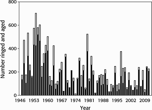 Figure 1. Yearly total number of Wood Sandpipers Tringa glareola ringed and aged at Ottenby, Sweden, within the period 1947–2011. Juveniles are shown with solid bars and adult birds with open ones. Birds of unknown age have been excluded.