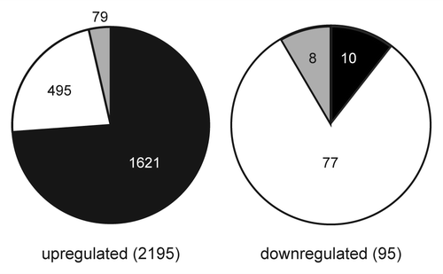 Figure 4. Comparison of upregulated and downregulated targets differentially expressed in vim1 vim2 vim3 and met1 mutants. Pie charts show the proportions of transposable elements (black), protein-coding genes (white) and other transcripts such as microRNAs or unclassified RNAs (gray) among the genes upregulated (left) and downregulated (right) in both vim1 vim2 vim3 and met1 mutants. Transposable elements are highly represented in the upregulated set, while most of the downregulated genes are protein-coding. Numbers of targets in each category are indicated on the pie charts, with total numbers of targets in the upregulated and downregulated sets indicated in parentheses.
